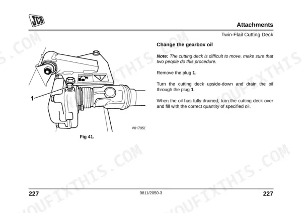 JCB FM30, JCB FM30 manual page showing procedure to change the twin-flail cutting deck gearbox oil with drain plug diagram.