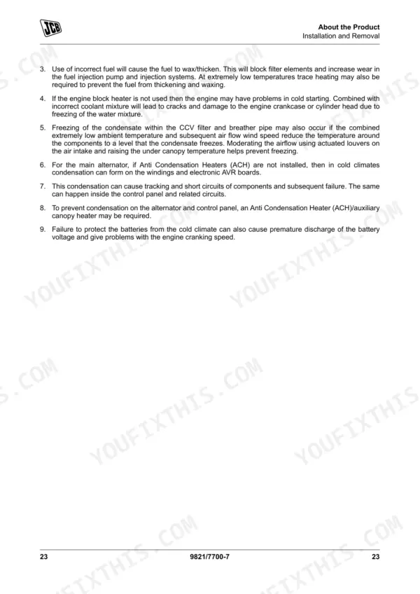 JCB G115-G141 series cold climate operation guidelines for fuel, engine block heaters, CCV filters, and alternator heaters.