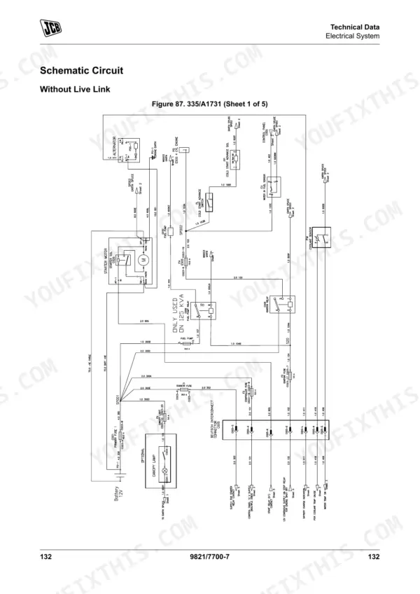 JCB G115, G115QS, G115S, G116QS, G140, G140QS, G140S, G141, G141QS, G65, G65QS, G65S, G66QS, G90, G90QS, G90S, G91QS electrical schematic circuit diagram without Live Link.