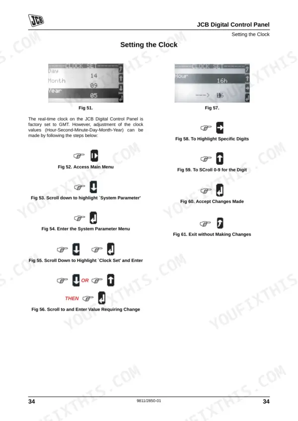 JCB G144, G144Q, G175, G175Q, G220, G220Q, G130R, G160R, G200R digital control panel procedure for setting the clock.