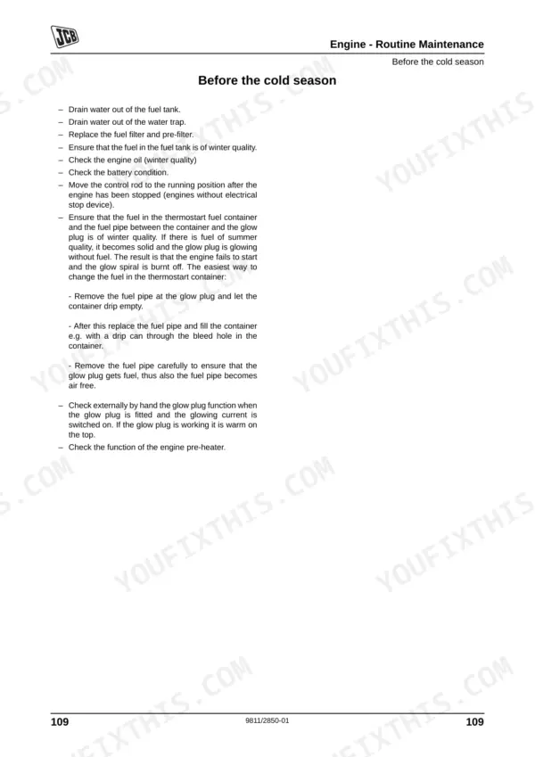 JCB G144, G144Q, G175, G175Q, G220, G220Q, G130R, G160R, G200R engine routine maintenance procedures for cold season operation.