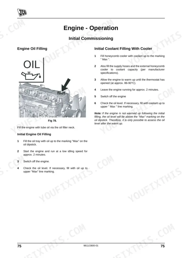 JCB G17, G17Q, G20R, G22, G22Q, G30R, G33, G33Q engine initial commissioning procedures for oil and coolant filling.