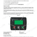 JCB G20-G45S generator manual page showing DSE digital controller interface, button functions, and emergency stop procedures.