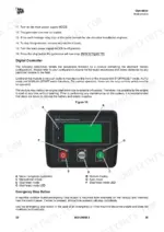jcb-g20-to-g45s-generator-operator-manual-9831-0650-issue-3-controls-38.webp JCB G20-G45S generator manual page showing DSE digital controller interface, button functions, and emergency stop procedures.