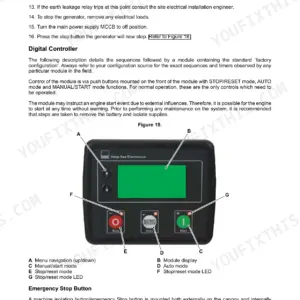 JCB G20-G45S generator manual page showing DSE digital controller interface, button functions, and emergency stop procedures.