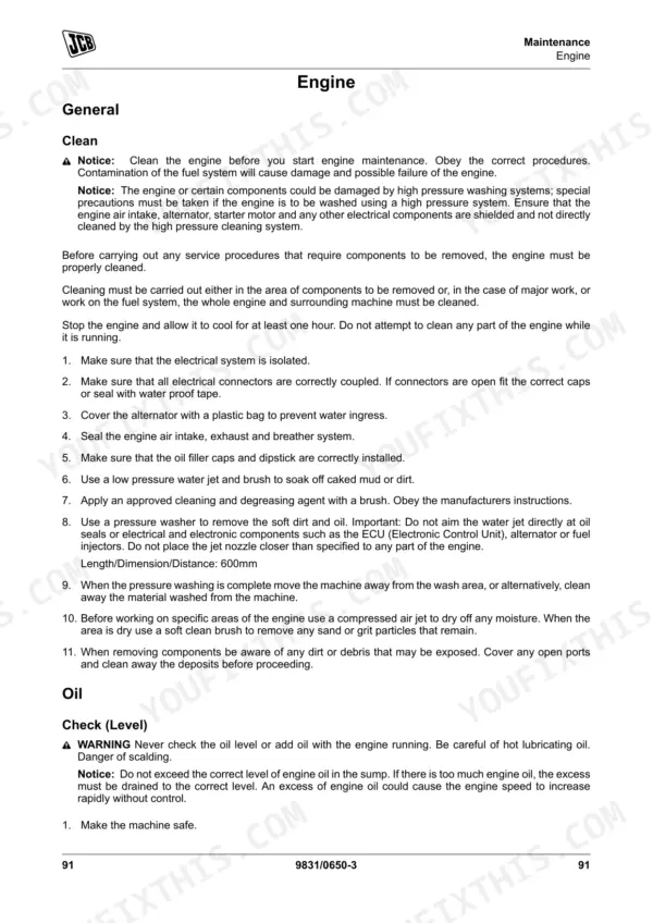 JCB G20-G45S maintenance manual: engine cleaning procedures and oil level check instructions.