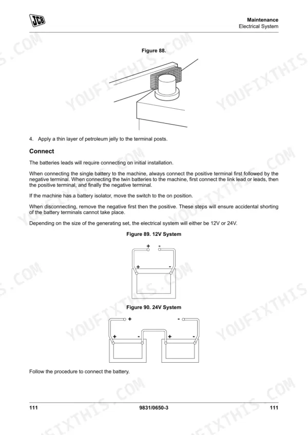 JCB G20-G45S maintenance manual: battery connection procedures, 12V and 24V electrical system wiring diagrams.