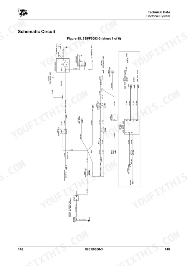 JCB G20, G20QS, G27, G33, G40, G45 series electrical schematic circuit diagram showing battery, starter, and fuel pump.