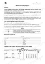 JCB G250RX-G600X maintenance schedule page with service interval tables and pre-start fluid level check procedures.