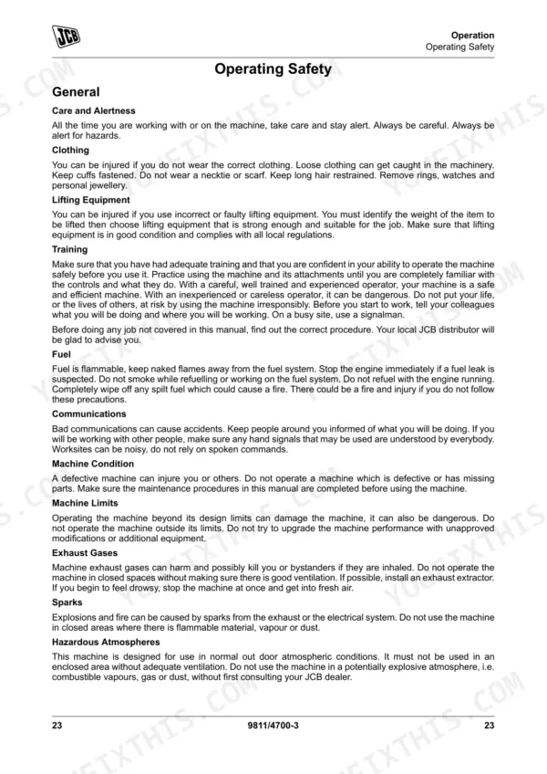JCB G250RX-G600X manual page detailing general operating safety procedures, clothing, fuel, and exhaust gas hazards.