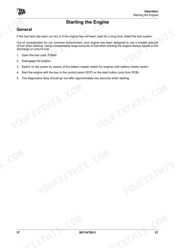JCB G250RX-G600X generator manual page detailing the step-by-step procedure for starting the engine.