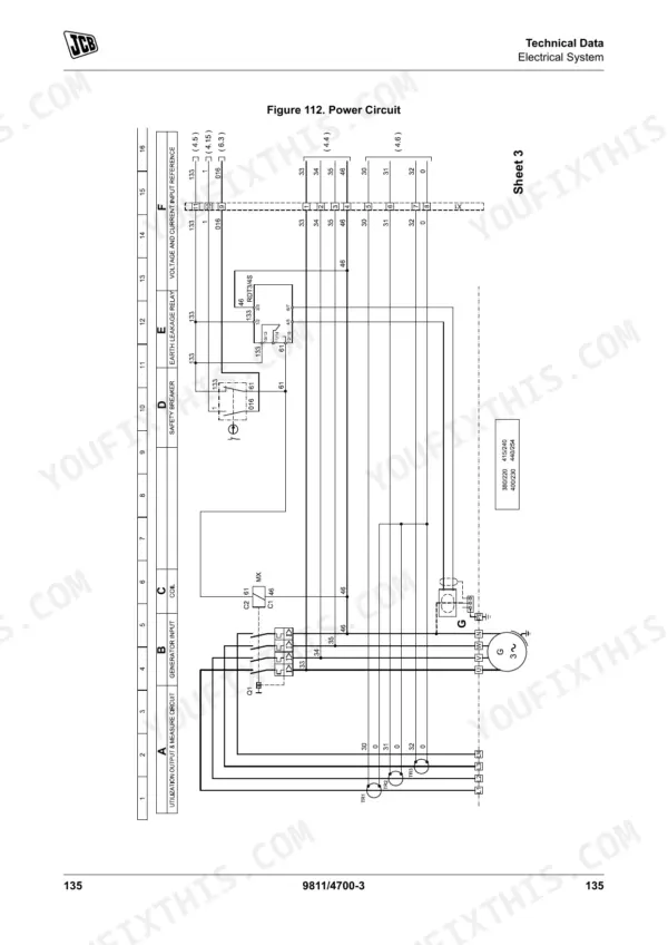 JCB G250RX-G600X power circuit wiring diagram, Figure 112, showing generator, safety breaker, and electrical connections.