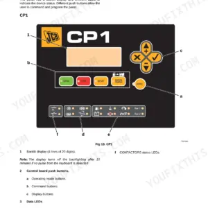 JCB G60RX, G65X, G65QX, G80RX, G90X, G90QX, G100RX, G115X, G115QX CP1 digital control panel front view and button layout.