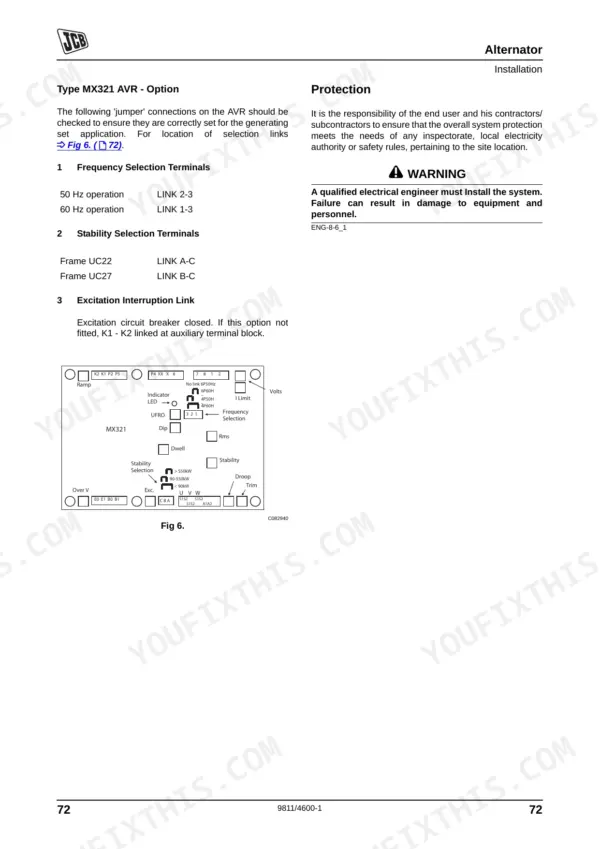 JCB G60RX, G65X, G65QX, G80RX, G90X, G90QX, G100RX, G115X, G115QX MX321 AVR jumper settings and terminal diagram.