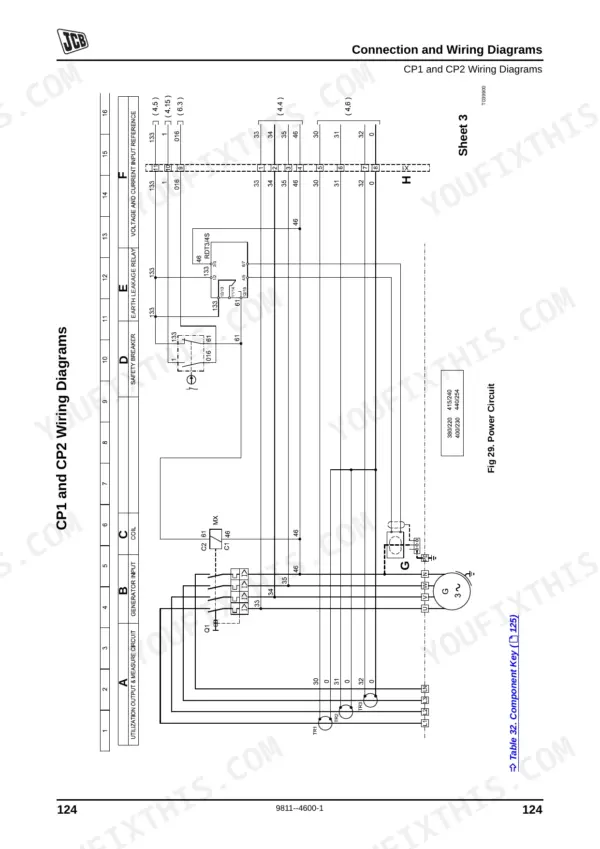 JCB G60RX, G65X, G65QX, G80RX, G90X, G90QX, G100RX, G115X, G115QX wiring diagram for CP1 and CP2 power circuit sheet 3.