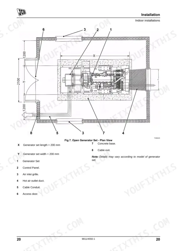 JCB G8X-G45QX generator indoor installation plan view diagram showing concrete base, air inlets, and cable conduits.