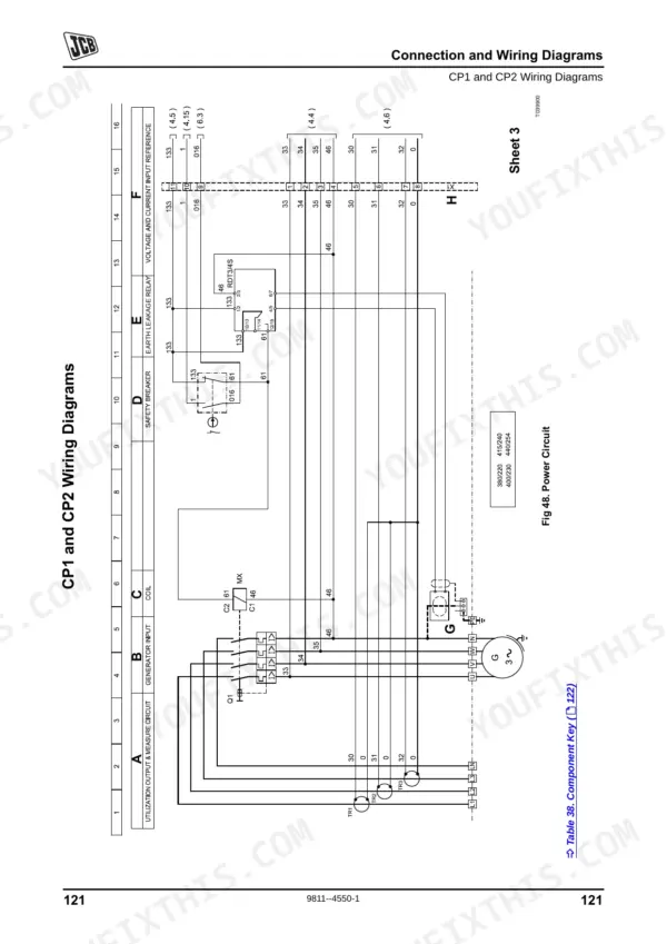 JCB G8X, G8QX, G13X, G13QX, G17X, G17QX, G20RX, G22X, G22QX, G30RX, G33X, G33QX, G40RX, G45X, G45QX CP1 and CP2 power circuit wiring diagram.