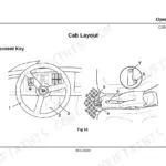 JCB GROUNDHOG 6X4 cab layout diagram showing steering wheel, pedals, gear selector, and parking brake controls.