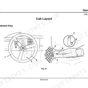 JCB GROUNDHOG 6X4 cab layout diagram showing steering wheel, pedals, gear selector, and parking brake controls.