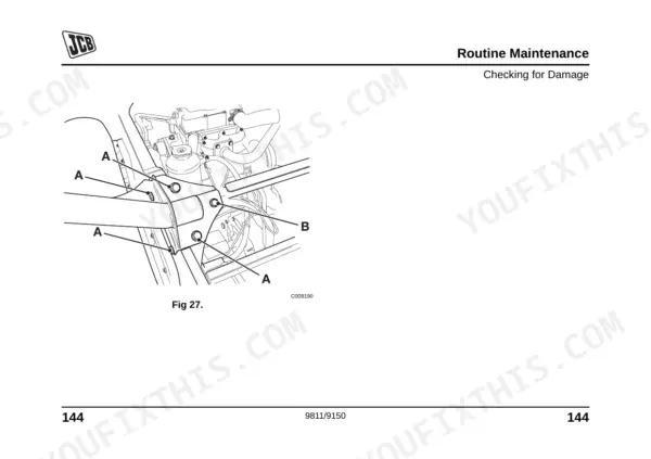 JCB GROUNDHOG 6X4 routine maintenance diagram showing inspection points A and B for checking chassis damage.