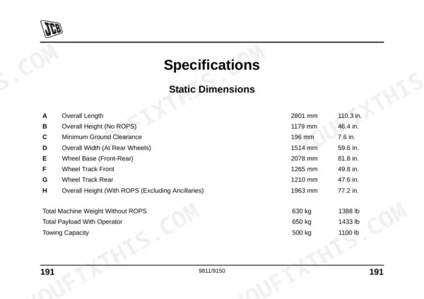 JCB GROUNDHOG 6X4 specifications table listing static dimensions, machine weight, payload, and towing capacity.