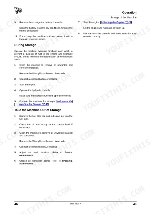 JCB HTD5, JCB Dumpster HTD5 manual page detailing machine storage and removal from storage procedures.