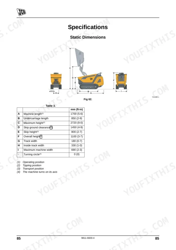JCB HTD5, JCB Dumpster HTD5 static dimensions diagram and specifications table showing machine length, height, and width.
