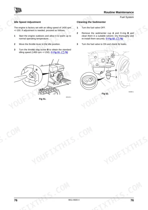 JCB HTD5, JCB Dumpster HTD5 maintenance manual: idle speed adjustment and fuel sedimenter cleaning procedures.