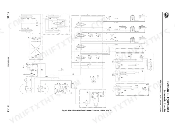 JCB 444 Series, Rear Engine Loadalls, 526, 526S, 528-70, 528S hydraulic schematic diagram for dual lever controls.
