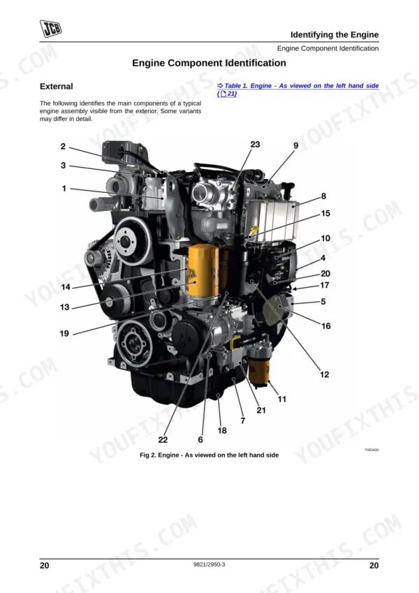 JCB JCB ECOMAX ENGINE T4I (68-129KW), ECOMAX ENGINE T4 (55KW), 444, 448 engine left side component diagram.