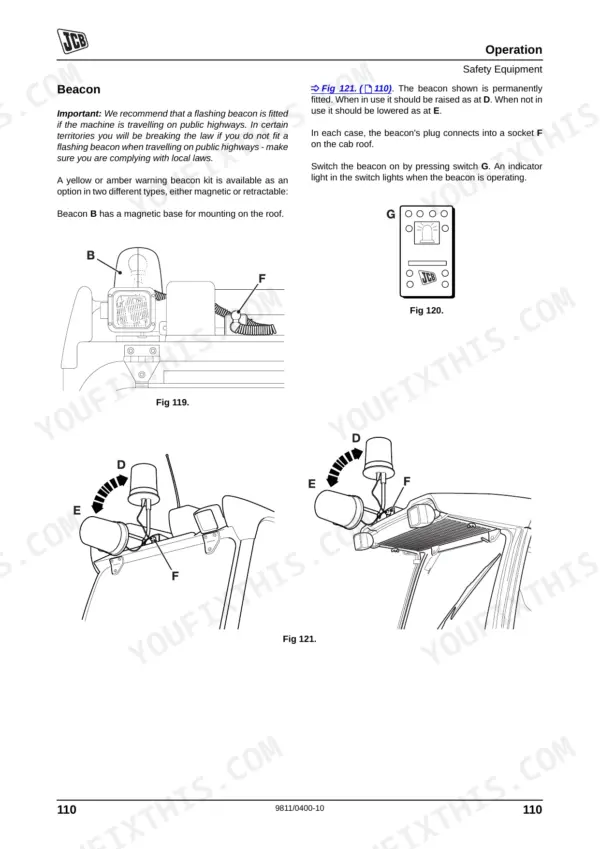 JCB JCB Dieselmax (SA, SB, SC Builds) operation manual showing safety beacon mounting and switch diagrams.