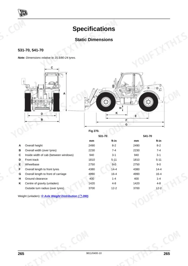 JCB JCB Dieselmax (SA, SB, SC Builds) static dimensions specifications table and diagram for 531-70 and 541-70 models.
