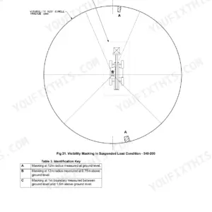 JCB JCB Dieselmax (SD, SE, SF Builds) visibility masking diagram for 540-200 suspended load operation with identification key.