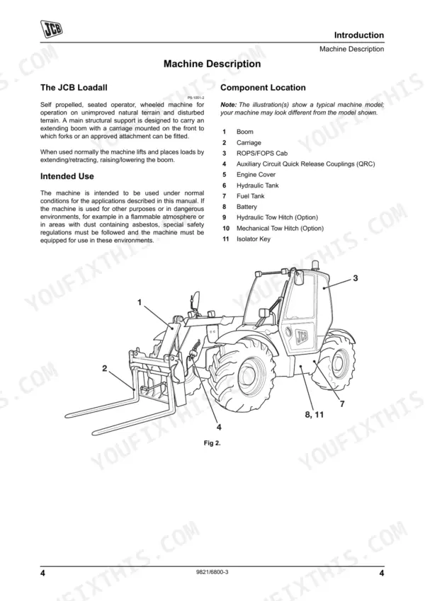 JCB JCB Dieselmax (SD, SE, SF Builds) Loadall machine description and component location diagram with numbered parts.