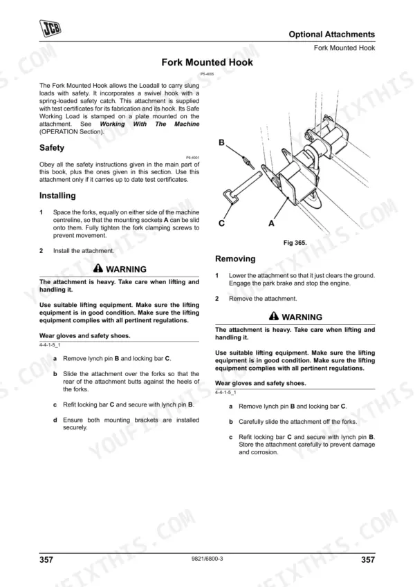 JCB JCB Dieselmax (SD, SE, SF Builds) fork mounted hook installation and removal procedures with component diagram.