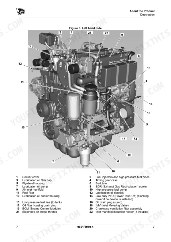 JCB T4F 444/448 Elec Engine left side view diagram with numbered components including ECM, fuel filter, and EGR cooler.