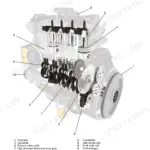 JCB T4F 444, T4i 444, T4i 448 Engine exploded view showing internal components like camshaft, valves, crankshaft, and flywheel.