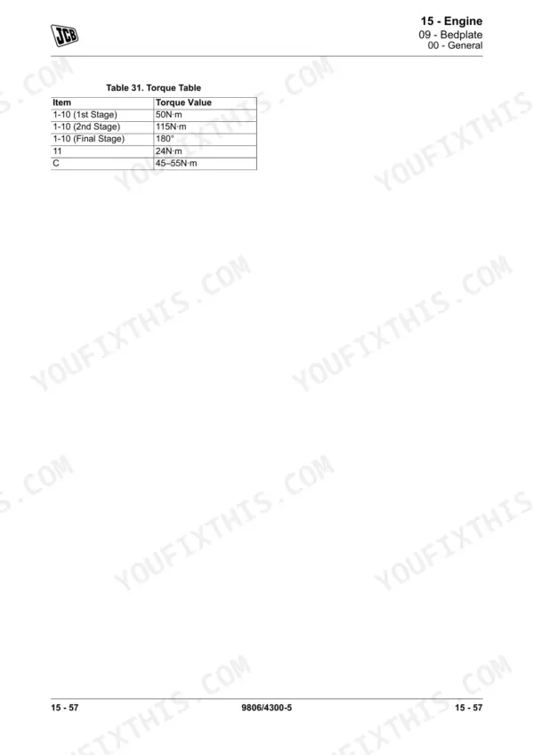 JCB T4F 444, T4i 444, T4i 448 Engine Bedplate torque table showing multi-stage tightening values for items 1-10, 11, and C.