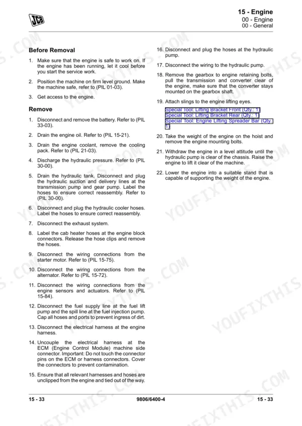JCB T4F 444 Elec Engine (4 Cyl), T4F 448 Elec Engine (4 Cyl) service manual engine removal procedure steps.