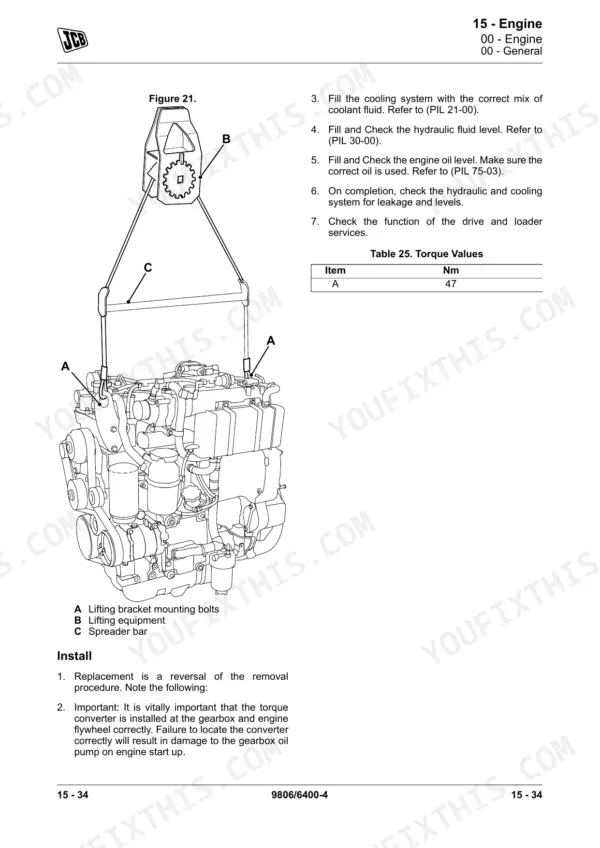 JCB T4F 444/448 Engine lifting diagram, installation procedures, and torque values table for lifting bracket bolts.