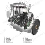 JCB JCB T2/3 Mech Engine 4 Cyl exploded view showing internal components like crankshaft, camshaft, valves, and fuel pump.