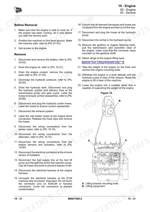 JCB JCB T2/3 Mech Engine 4 Cyl engine removal procedure and lifting diagram showing brackets and lifting equipment.