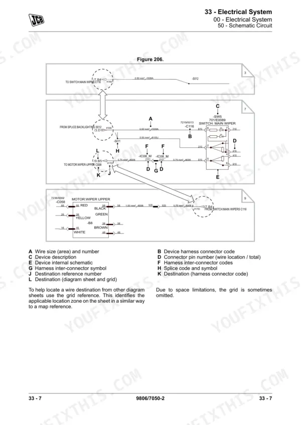 JCB JCB T2/3 Mech Engine 4 Cyl electrical system schematic for main wiper switch and motor circuit diagram.