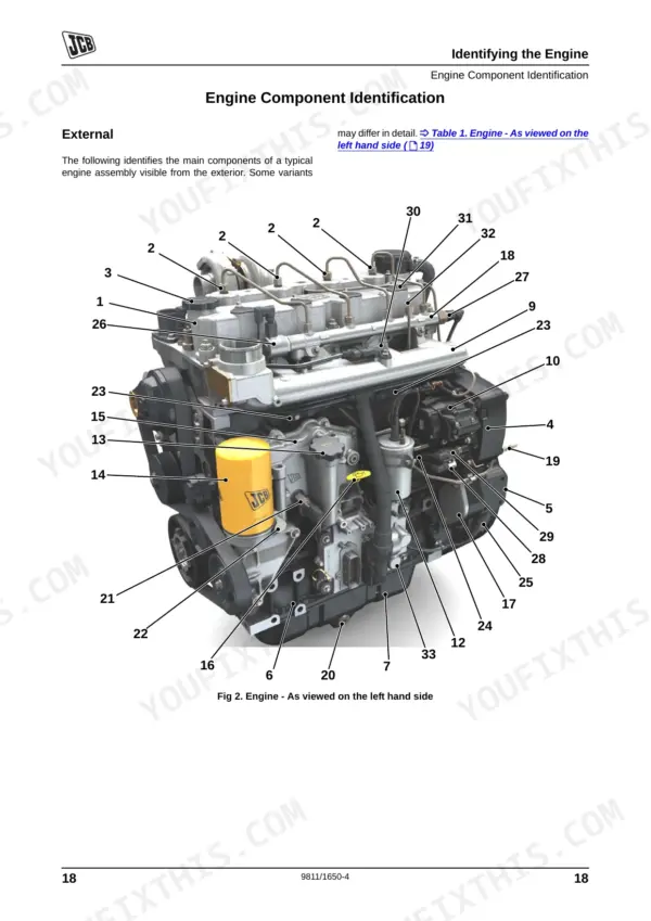 JCB JCB DIESELMAX T3 SE ENGINE, 9811/1650, diagram showing numbered external engine component identification.