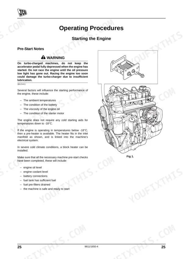 JCB JCB DIESELMAX T3 SE ENGINE, 9811/1650, engine starting procedures, pre-start checks, and inlet manifold heater diagram.