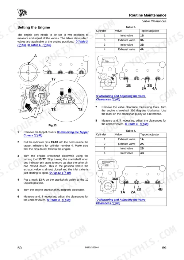 JCB JCB DIESELMAX T3 SE ENGINE, 9811/1650: Valve clearance setting procedure, crankshaft pulley diagrams, and tables.