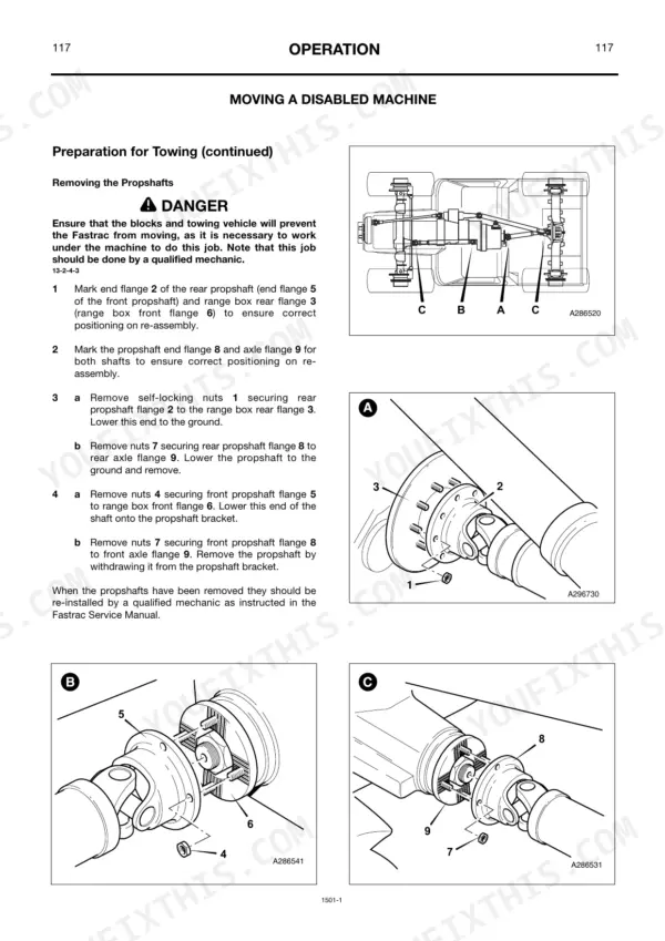 JCB 3170, 3190, 3220, 3170 Plus, 3190 Plus, 3220 Plus procedure for removing propshafts for towing.