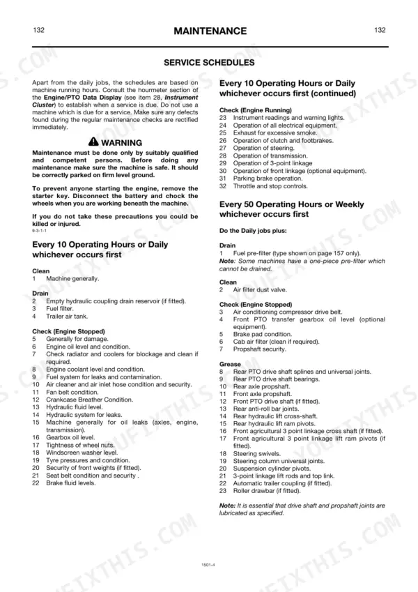 JCB 3170, 3190, 3220, Plus series maintenance manual page showing 10-hour and 50-hour service schedule checklists.