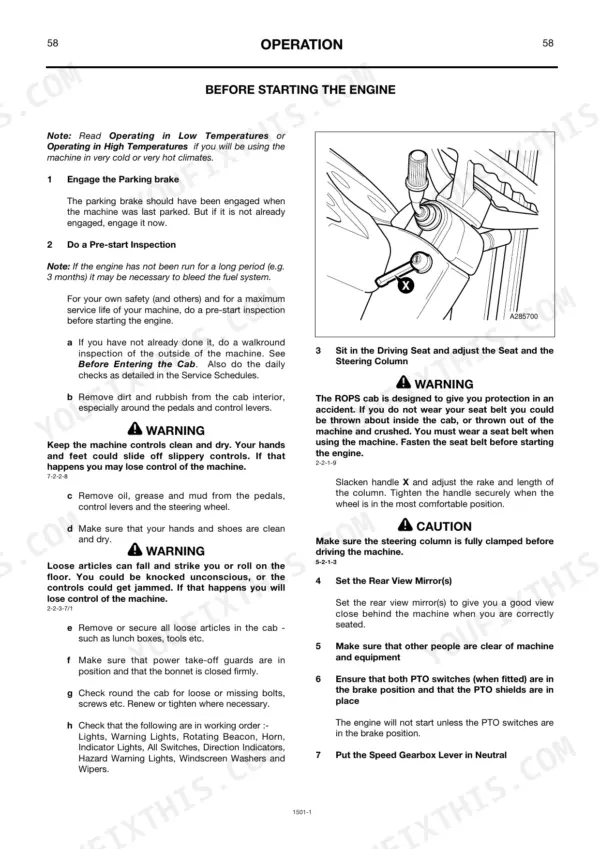 JCB 3170, 3190, 3220, Plus: Before starting engine procedures, steering column adjustment diagram, and pre-start safety checks.