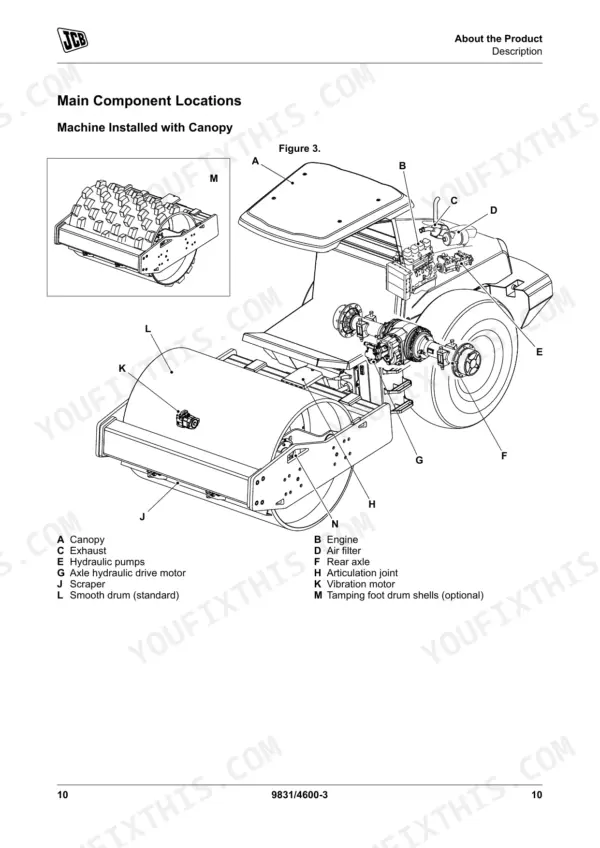 JCB JCB116, JCB116D, JCB116DD diagram showing main component locations for machine with canopy, including drum, engine, and axle.